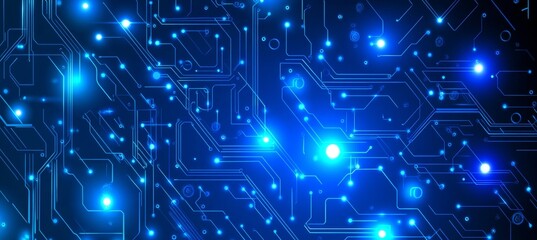 Fototapeta premium Futuristic Blue Tech Background With A Flowing Pattern Of Digital Circuits And Bright Light Points