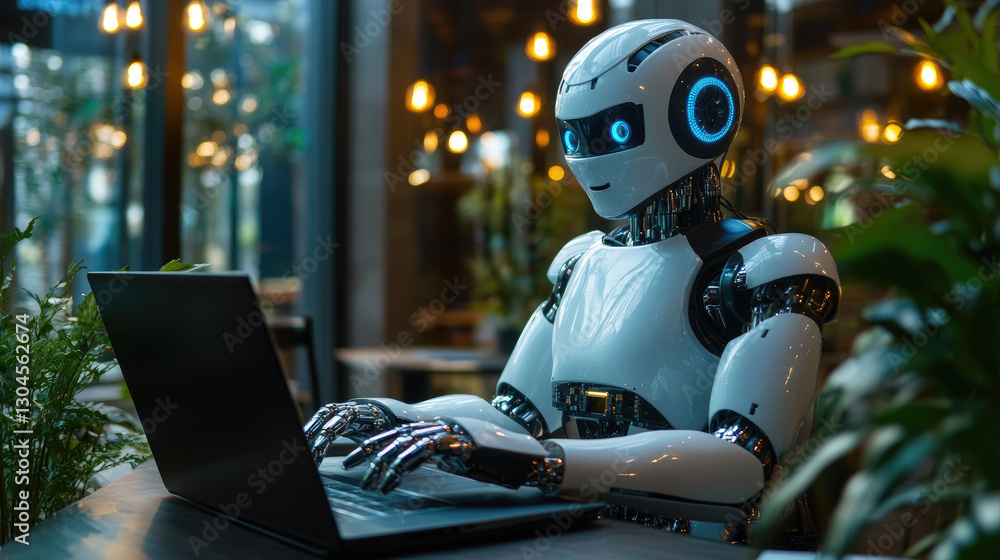 Poster detailed view of a humanoid robot engaged in a video call using a laptop.
