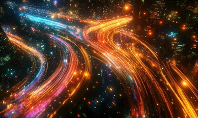 Obraz premium Dynamic depiction of glowing urban street lights forming colorful trails against a night city backdrop, evoking motion and energy .