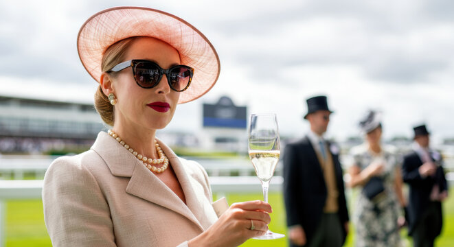 Elegant woman enjoying champagne at a horse racing event on a sunny day with guests dressed in formal attire