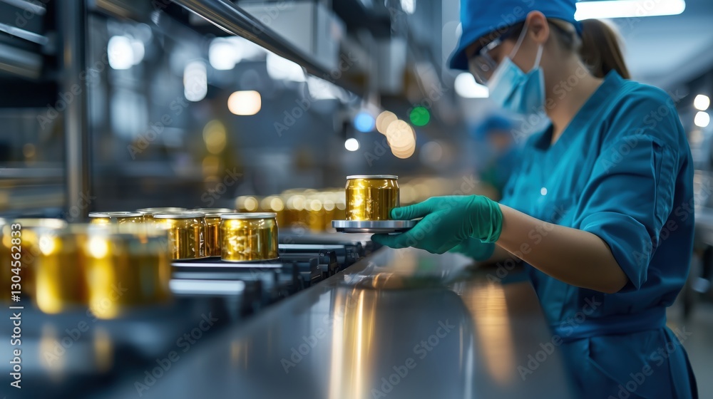 Poster worker in food production plant handling canned products in a modern facility with focus on efficien
