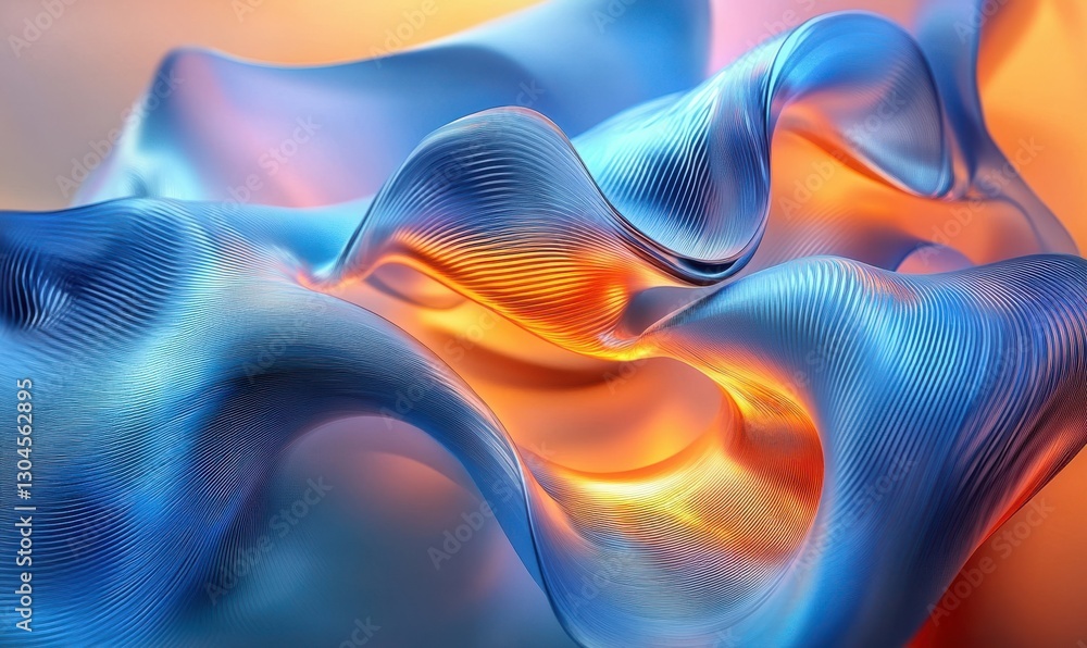 Poster dynamic flowing ribbons of glowing blue and orange light forming intricate wave patterns illuminated