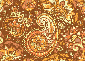 Seamless paisley pattern in Oriental style with floral and ethnic motifs for printed fabric, wallpaper, and packaging