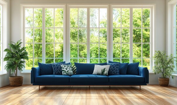 Fototapeta Contemporary living room with navy-blue sofas, wooden floors, and large windows offering a bright garden view.
