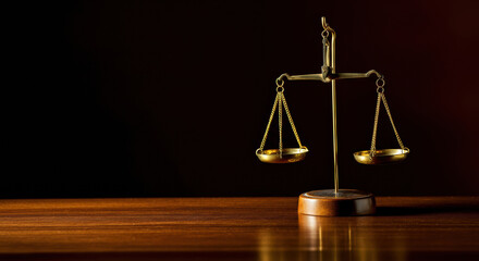 Elegant bronze scales of justice placed on a wooden table, symbolizing fairness and legal integrity in a dimly lit space