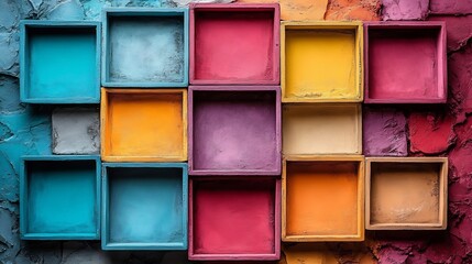 Fototapeta premium Vibrant colored powders neatly arranged in small boxes showcase a bold aesthetic. AI Generated