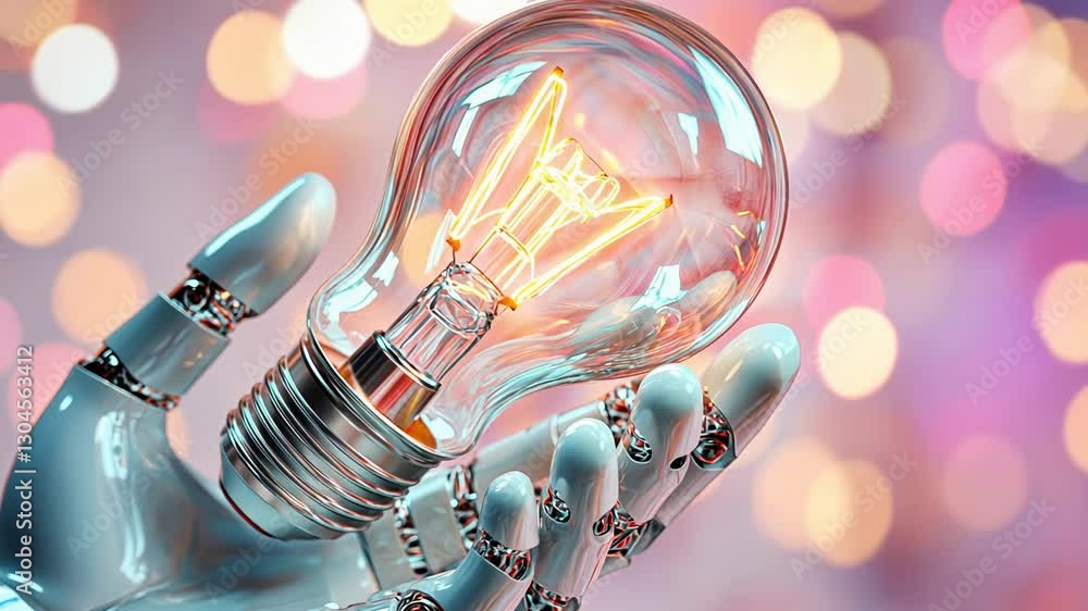 Poster robotic hand holding light bulb with colorful bokeh background in futuristic innovation concept.