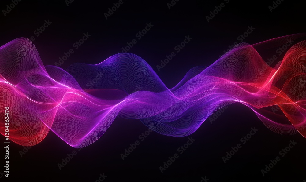Poster dynamic glowing purple and red wave-like textures illuminated by gradient lighting forming a bold fu