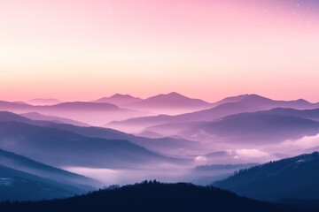 Fototapeta premium Serene twilight mountain range landscape with pink and purple hues, misty valleys.