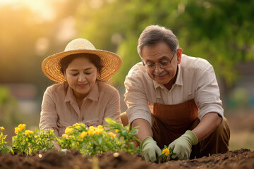 a senior indian couple gardening together