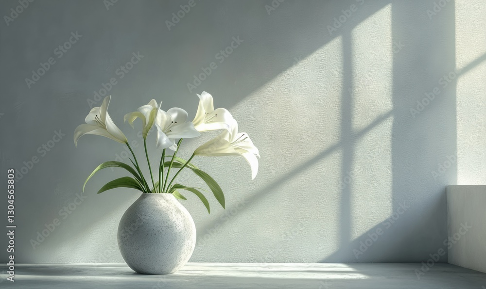 Poster elegant white lilies in a minimalist vase illuminated by diffused natural light, creating a serene a