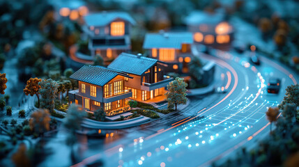Obraz premium Holographic miniature house and judge's gavel on an interactive AI screen, with stylish individuals in smart glasses, symbolizing futuristic real estate and legal technology.