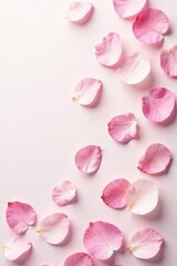 Soft pink petal scattered on white background, nature scenery, delicate petals