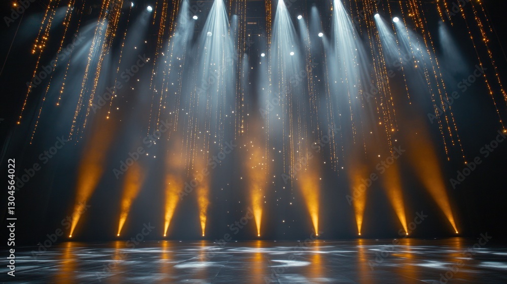 Poster captivating stage lights illuminate a dark stage with shimmering golden particles creating a magical