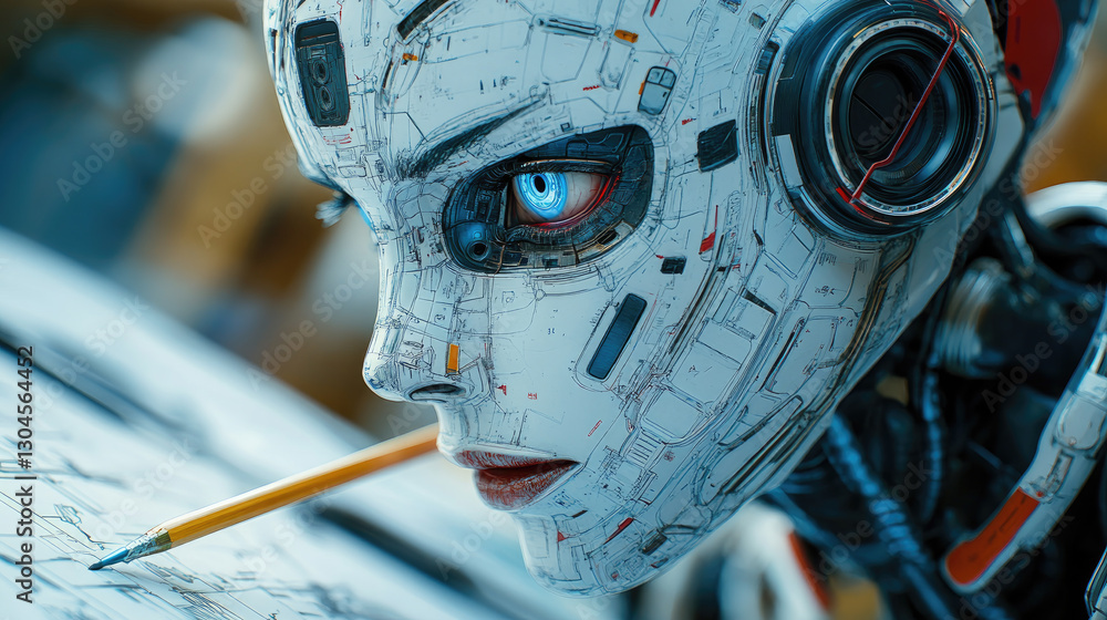 Poster advanced futuristic robot working on architectural blueprints at a construction site, demonstrating 