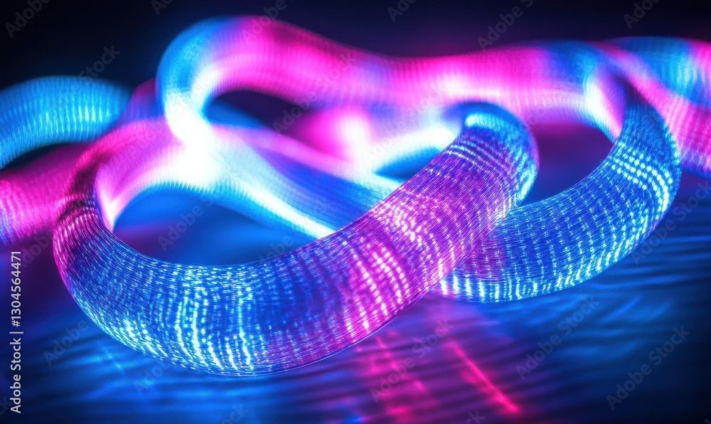 Poster dynamic swirling neon lines weaving into complex patterns against a dark background, blending vibran