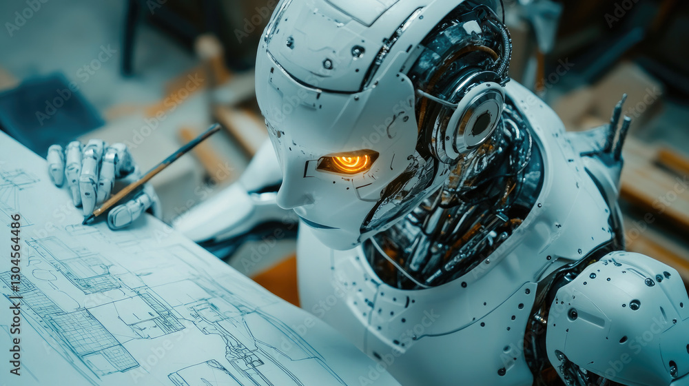 Poster advanced futuristic robot working on architectural blueprints at a construction site, demonstrating 