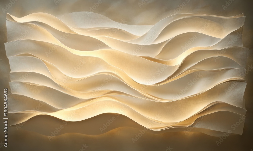 Poster dynamic arrangement of beige paper waves illuminated by soft light, emphasizing their layered textur