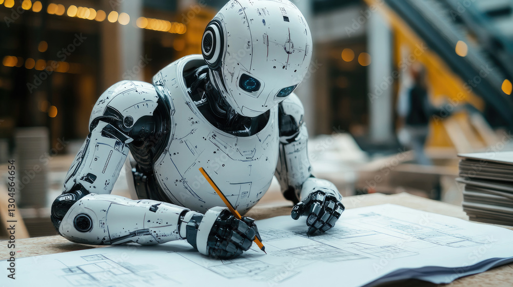 Poster advanced futuristic robot working on architectural blueprints at a construction site, demonstrating 
