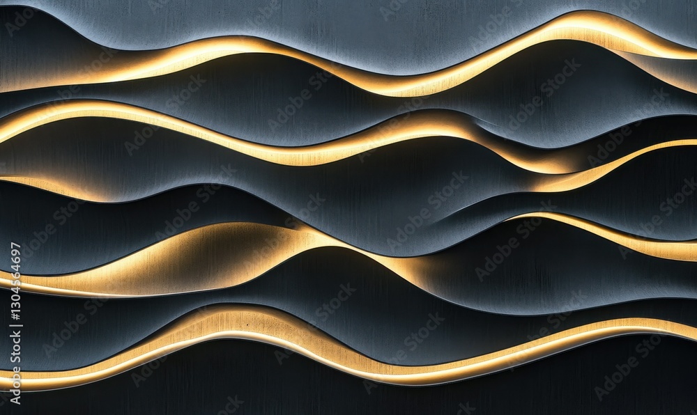 Poster dynamic arrangement of overlapping black wave-like patterns illuminated by soft ambient light, creat