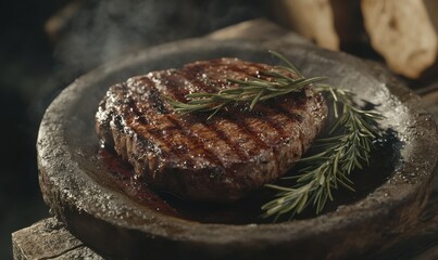 Freshly grilled steak garnished with rosemary and served on a rustic plate, soft natural light highlighting its smoky textures and rich tones