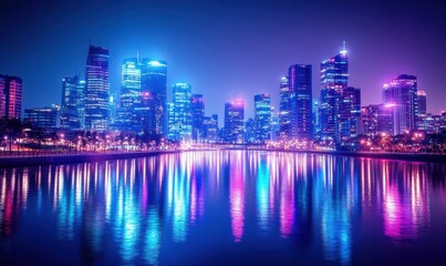 Obraz premium Dynamic urban skyline glowing with vibrant neon blue and purple lights reflected on a calm river creating a futuristic cityscape .