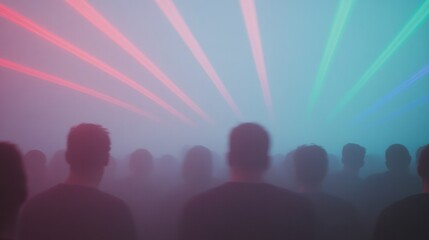 Crowd silhouetted against vibrant laser lights in misty atmosphe