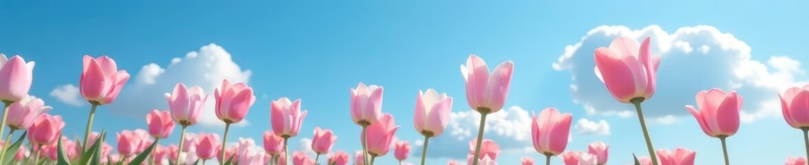 Fototapeta premium Soft pink tulips sway gently in the breeze against a brilliant blue sky with a few wispy clouds, nature, cloud, pink tulips