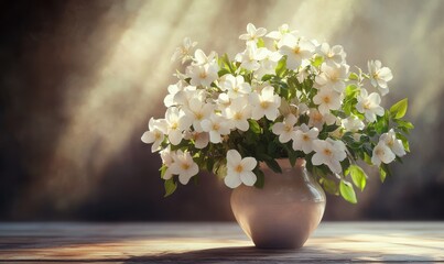 Elegant arrangement of fresh white flowers in a ceramic vase, illuminated by natural light for a bright and tranquil floral composition