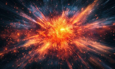 Dynamic explosion of glowing orange and red particles frozen mid-motion against a dark background, creating a bold and energetic composition