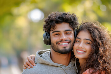 Naklejka premium happy couple wearing headphone listening music