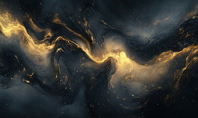 Elegant black and gold abstract flowing textures illuminated by subtle highlights, creating a luxurious and modern aesthetic .