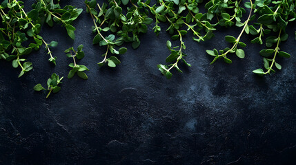 Thyme leaves scattered across a dark matte surface, their fine texture and rich green color creating an elegant and aromatic composition.