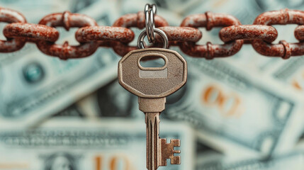 Unlocking financial freedom with key hanging from rusty chain, symbolizing debt trap cycle. background features scattered dollar bills, emphasizing struggle with money