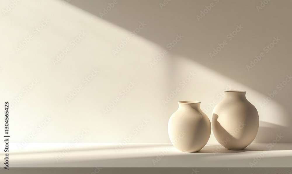 Poster elegant ceramic vases in neutral tones resting on a minimalist white table illuminated by soft gradi
