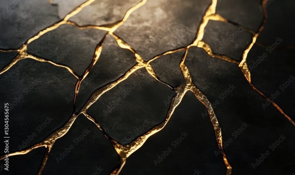 Poster elegant cracked golden lines forming geometric patterns on a textured dark surface illuminated by su