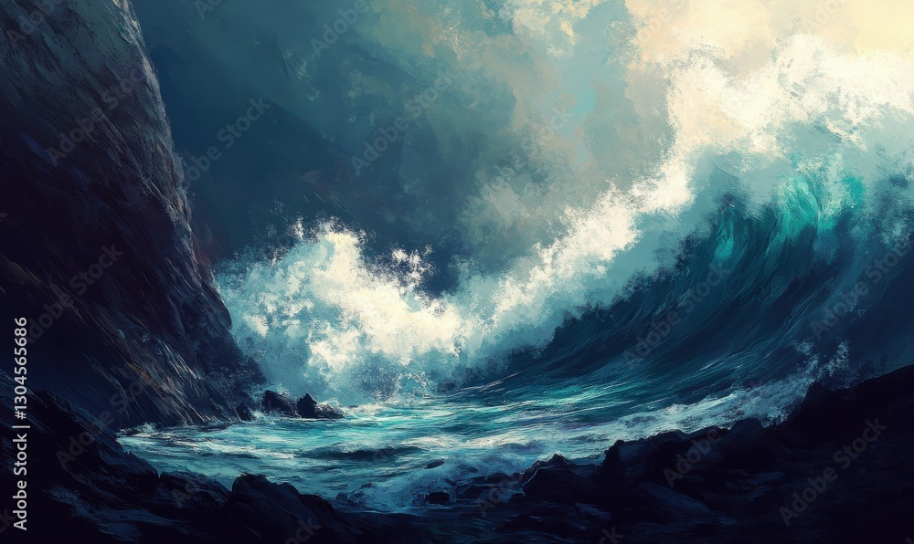 Poster dynamic ocean wave crashing against rocky cliffs, illuminated by bright natural light, creating a po