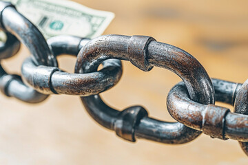 close up of heavy metal chain with dollar bill caught in links, symbolizing financial constraints and debt trap cycle