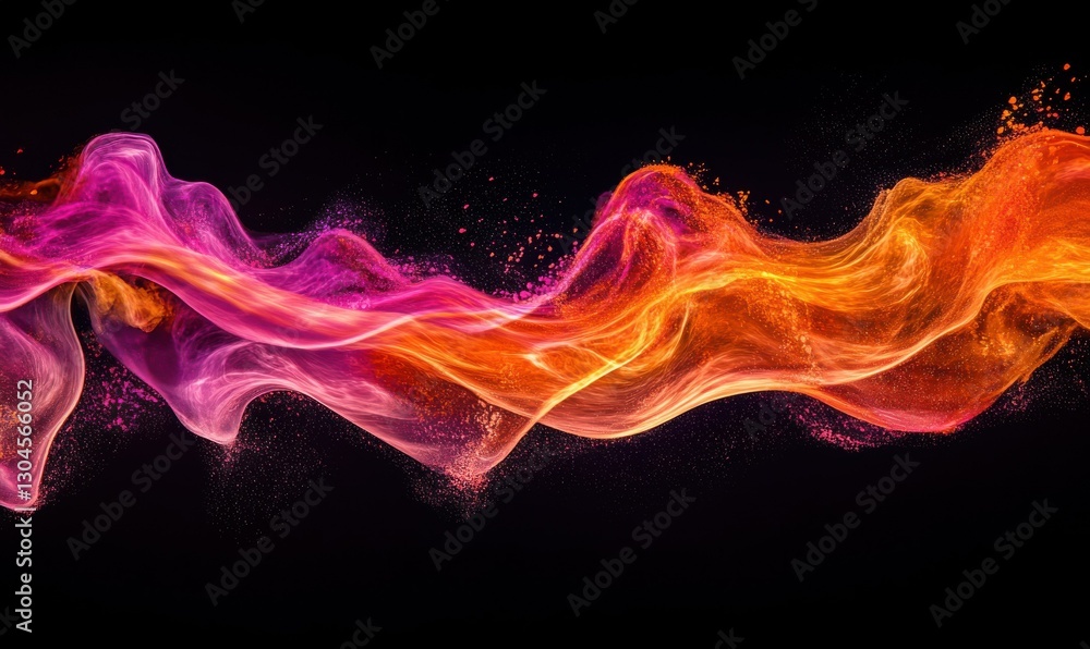 Poster dynamic splash of vibrant orange and pink paint illuminated by glowing light against a dark backgrou