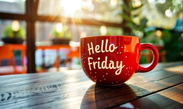 hello friday coffee cup stand on table on sunny day animation