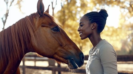 Horse gently nuzzling its rider with a warm smile in a sunny outdoor setting
