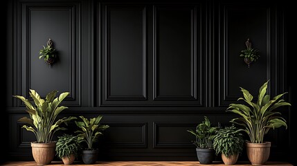 Dark paneled room with potted plants
