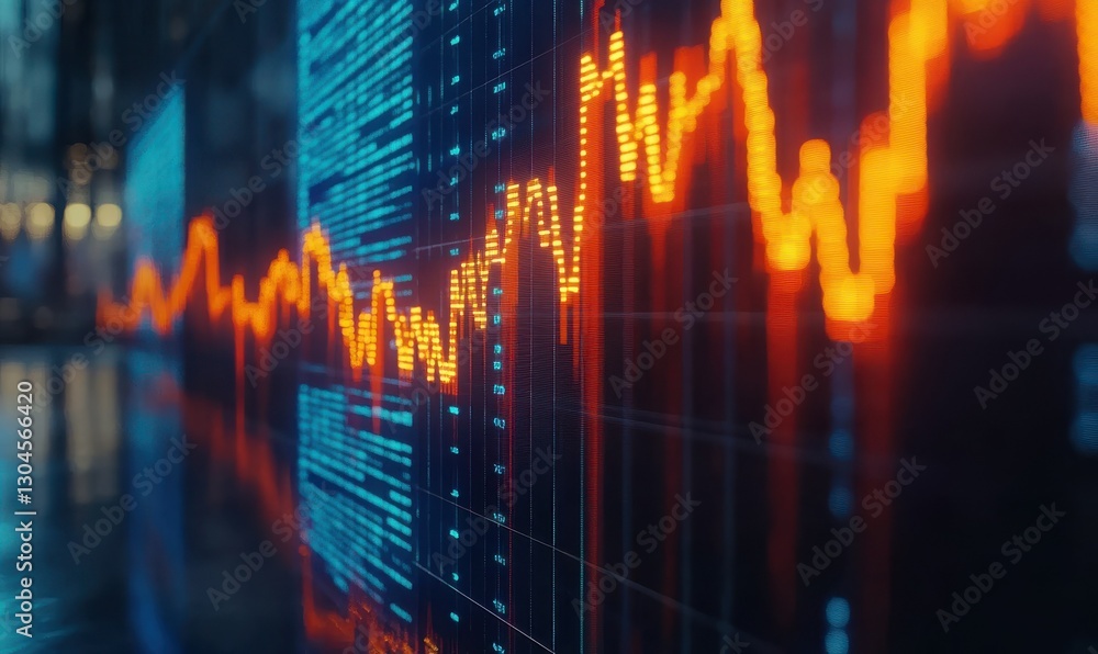Poster elegant financial stock graph glowing with vibrant orange and blue lights illuminated by gradient li