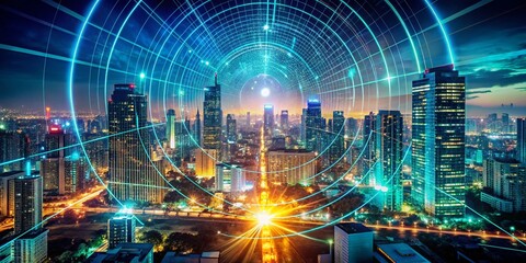 Obraz premium Futuristic Radar System: Double Exposure of Cityscape and Technological Interface