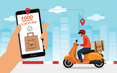 Food delivery app on a smartphone tracking a delivery man on a moped with a ready meal, technology and logistics concept,