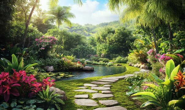 Peaceful tropical garden with lush greenery, colorful flowers, and a stone pathway leading to a tranquil pon