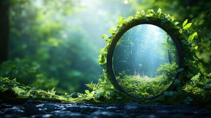 Reflections of Myth: Enchanted Mirror Revealing Mystical Forest with Mythical Creatures - Concept of Reality vs. Mythology