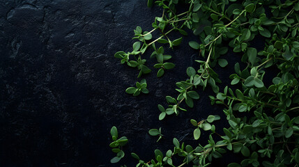 Thyme leaves scattered on a black matte surface, with the vivid green color standing out against the dark background.