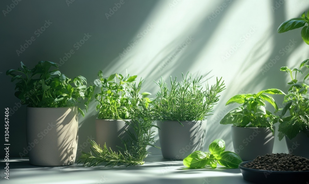 Poster fresh green herbs and spices neatly arranged on a minimalist surface illuminated by soft natural lig