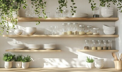 Elegant kitchen shelving with neatly stacked glass jars, ceramic bowls, and subtle greenery accents, illuminated by soft natural light